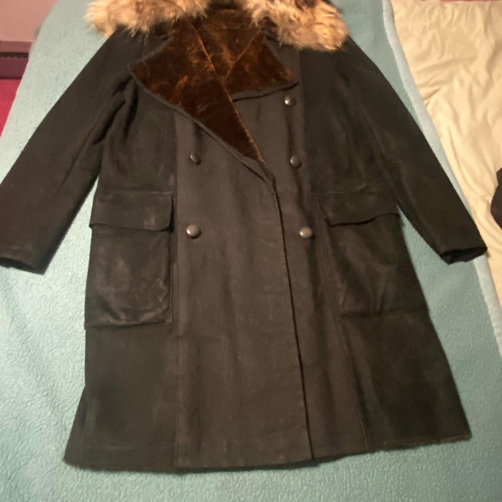 Roberto Cavalli Black Trench Coat with Brown Fur Collar